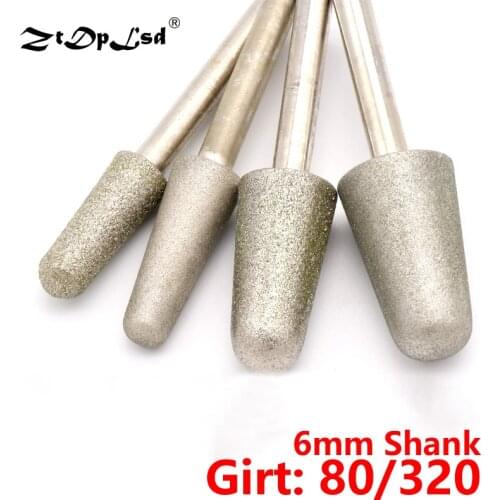 ZtDpLsd 1PCS 6MM Shank 80/320 Grit Cone Diamond Grinding Head Bullet Rotary Bits Glass Jade Stone Carving Drilling Tools