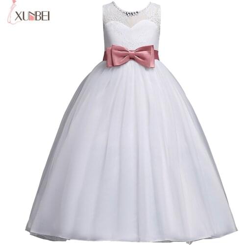White Flower Girl Dresses Lace 2020 Ball Gown Pageant Dresses For Girls With Bow First Communion Dresses Kids Prom Dresses