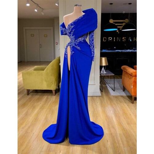 Glitter Royal Blue Long Sleeves Mermaid Arabic Evening Dress Beaded Lace Appliques Plus Size Prom Gowns Women Pageant Dresses