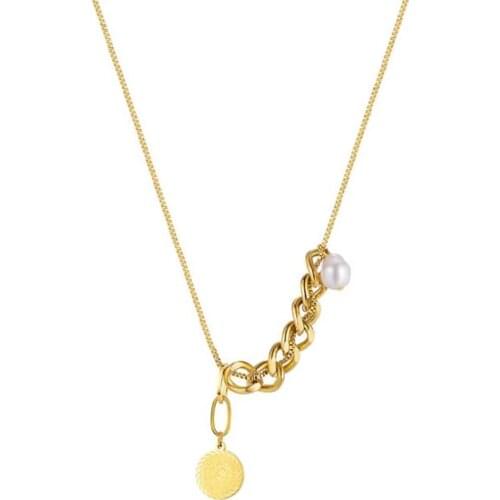 Stainless Steel Round Queen of England Coin Splicing Artificial Pearl Cuban Chain Link Pendant Necklace Jewelry Gift For Hi