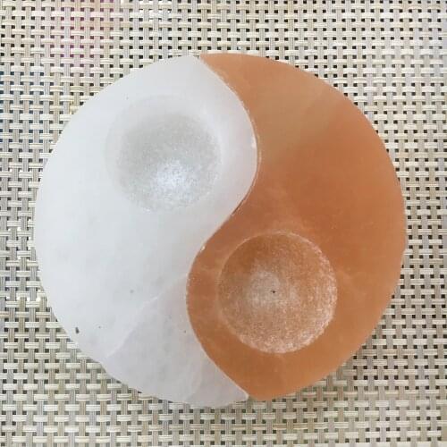 Natural Selenite Lamp Candle Holder Hand Carved White & Orange Selenite Tai Chi Lamp Healing Crystal Stone Crafts Home Decora