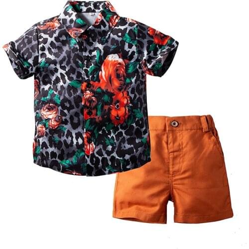 Summer Boys Sets Rose Leopard Toddler Shirt + Shorts Cotton Childrens Tops And Pants Gentleman Outfit Kids Clothes