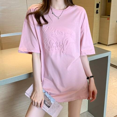 Summer Oversize Long T Shirt For Dress Women Tshirt Short Sleeve Tee Shirt Femme Loose Three-dimensional Letters Tops 2021