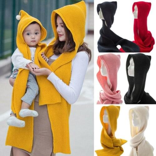 Cute Caps For Adult Mother Kids Baby Boy Girl Pom Hat Winter Thick Collar Warm Knit Bobble Beanie Cap Scarf