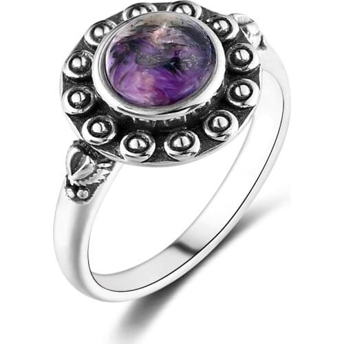 Nasiya Top Brand Ethnic Simple Round Purple Charoite Rings For Women Fine 925 Silver Jewelry Anniversary Party Engagement Gift