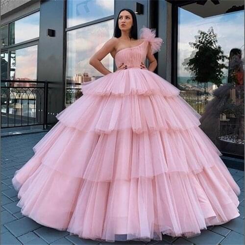 2021 Cheap Custom Made Corset Pink One Shoulder Women Ball Gowns Sweet 16 Dresses Gowns Prom Dresses Quinceanera Dresses Gowns