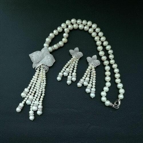 20" natural near round White freshwater Pearl Necklace cubic zirconia micro pave flower connector Earrings Set wedding for women