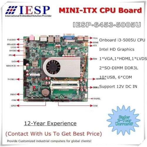 Industrial Embedded CPU Board, 5th Core i3-5005U Processor, 6*RS232, 1*GLAN, 10USB,1*VGA,1*HDMI, 1*LVDS