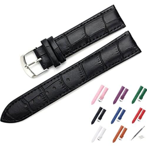 Genuine Leather Watchband 8mm 10mm 12mm 14mm Universal Watch Band Small Size Women Strap Steel Buckle Wrist Bracelet Pink Black