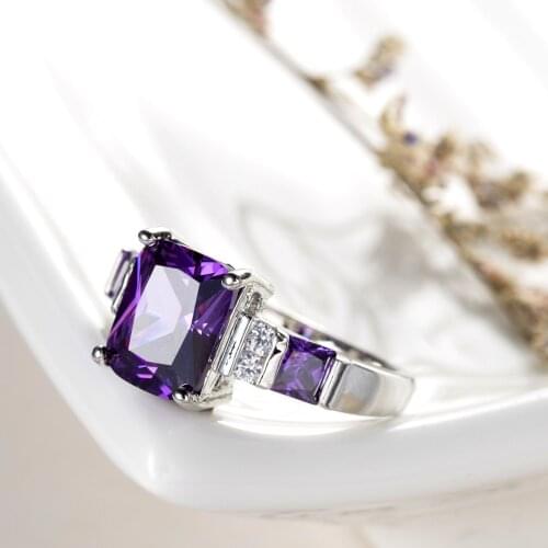 Luxury Female Purple Zircon Stone Ring 925 Sterling Silver Love Square Zircon Promise Wedding Rings for Women Anillos Mujer