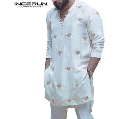 INCERUN Men Long Shirts Printed Vintage Long Sleeve Button Stand Collar Indian Shirts Men Clothing Retro Casual Pullovers 2021
