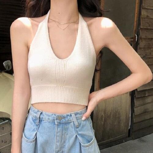 Sexy Women Solid Color Ribbed Sleeveless Backless Halter Crop Top Summer Vest