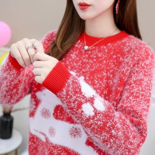 Fashion Christmas Autumn Winter Mink velvet Knitted Sweater Women Loose Pullover Student Casual Print Sweaters Long sleeve A3037