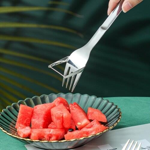 Stainless Steel Watermelon Fruit Cutting Fork Spoon Portable Tableware Fruit Melon Fork Slicer Cutter Kitchen Accessories