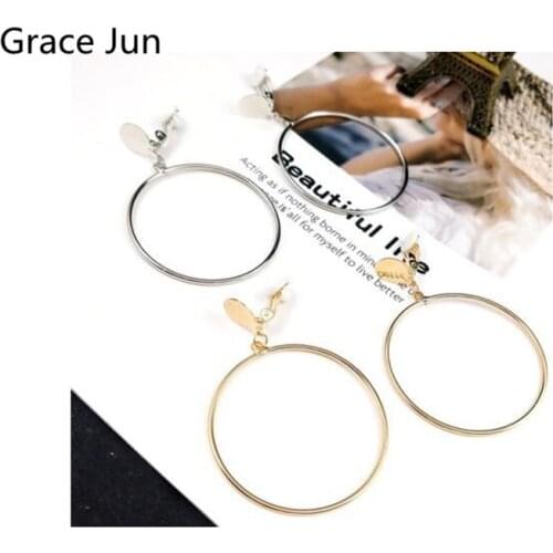 Grace Jun Large Geometric Circle Hollow-out Clip on Earrings for Women Party Elegant Gorgeous Without Pierced Earrings New Style