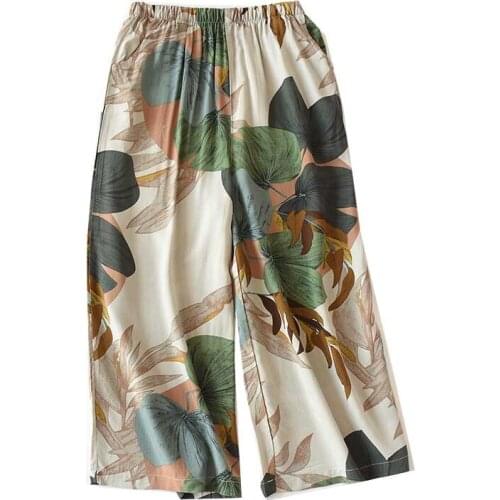 2021 Summer Ladies Loose Sleep Bottoms Leaves Printed Soft Cotton Satin Simple Style Wide Leg Homewear Pants Women Casual Wear