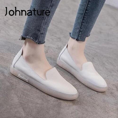 Johnature Women Shoes Flats Genuine Leather 2020 New Autumn Shallow Round Toe Casual Leisure Handmade Concise Soft Ladies Shoes