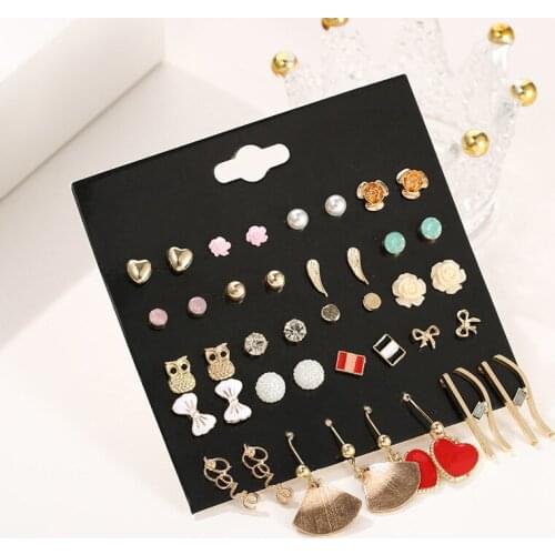 20 pairs/set fashion mixed small owl flower love letter heart shape stud earring set for women trendy pearl rhinestone earrings