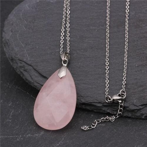 Fashion Women Dreamlike Pink Natural Crystal Stone Pendant Silver color Stainless Steel Necklace Choker Neck Chain Jewelry