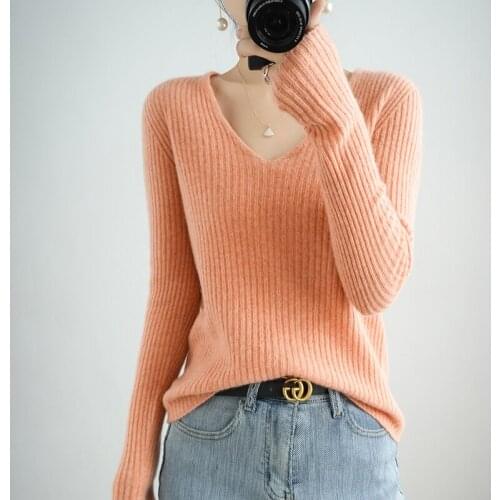 Womens sweater 2021 winter casual V-neck pullover 100% wool knitwear long-sleeved slim ladies cashmere tops plus size sweater