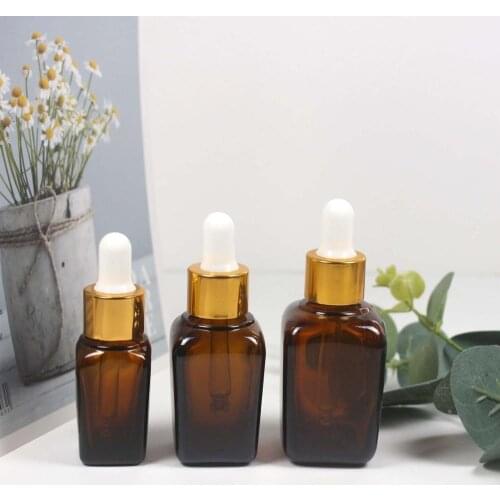 15/25/35/50/100ml Empty Brown Square Essential Oil Glass Dropper Bottle with Golden Cover