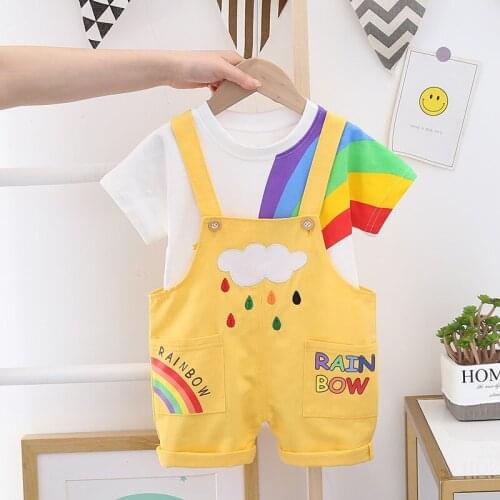 2021 New Summer Infant Clothes Baby Girls Boys Cotton T Shirt Cartoon Rainbow Bib Pants 2Psc/Sets Children Kids Suits 0-5 Years
