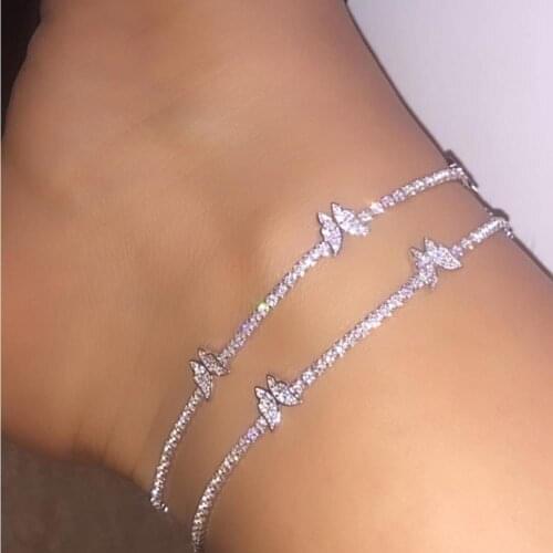 Ice girl leg chain 5A cz tennis chain butterfly charm 2021 summer hot selling foot anklet for women