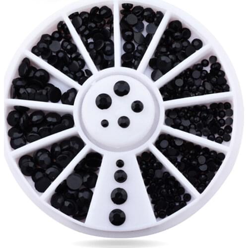 Black Shiny Nail Rhinestones 3D Nail Art Decorations in Wheel Flatback Bottom Manicure DIY Nail Art Jewelry Accessories Tools