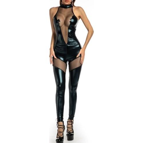 PU Leather Black Women Jumpsuit Mesh Patchwork Off Shoulder Sleeveless Bodysuit Sexy Backless Long Pencil Pants Rompers Playsuit