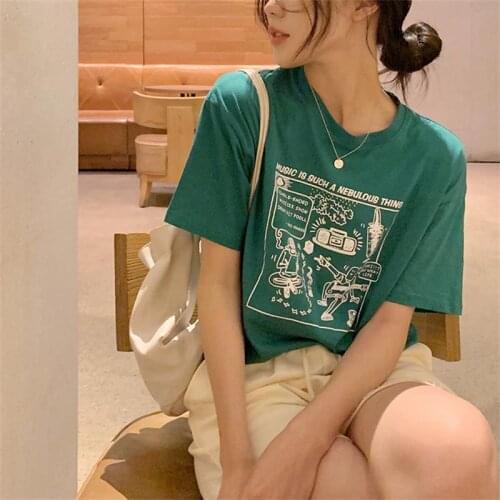 Cartoon Letter Print Tshirt Womens T-shirts Tops Japanese Kawaii Ladies Ulzzang Female Korean Harajuku Clothes For Women