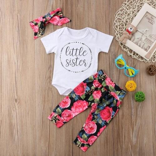 3PCS Infant Baby Girl Clothing Sets 2020 Summer Little Sister Romper+Rose Pants+Headband Newborn Baby Girls Clothes Outfits