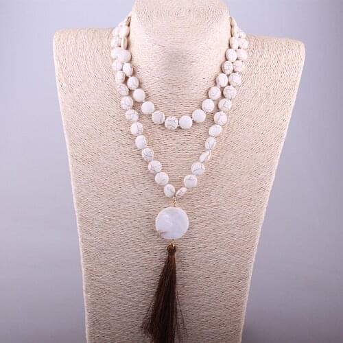 Fashion Flat howlite white Stones Bead with white shell and tassel charm Pendant Necklace Handmade Women Jewelry