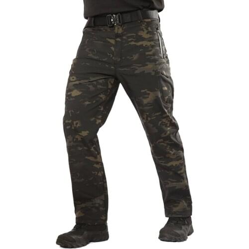 Mens Plus Velvet Pants Shark Skin Soft Shell Tactical Pants Windproof and Waterproof Camouflage Army Winter Army Fan Pants