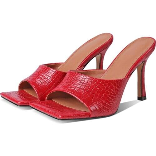 Womens Slippers Sexy Mules Shoes For Women High Heels Sandals Female Square toe Slides Party Shoes Woman Black Red Quality