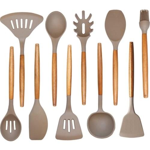 Wooden silicone kitchenware set 10 piece kitchen cooking tool set 10 piece kitchen utensil