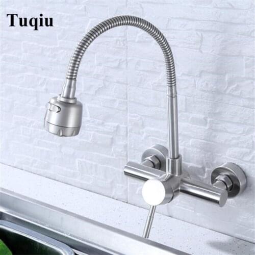 Wall Mounted Stream Sprayer Kitchen Faucet Single Handle 304 stainless steel Flexible Hose Kitchen Mixer Taps