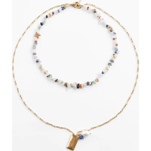 ZA Necklace 2 Pcs/Set Bohemian Multicolor Natural Stone Beaded Chain Necklace For Women Gold Metal Chain Square Pendant Necklace