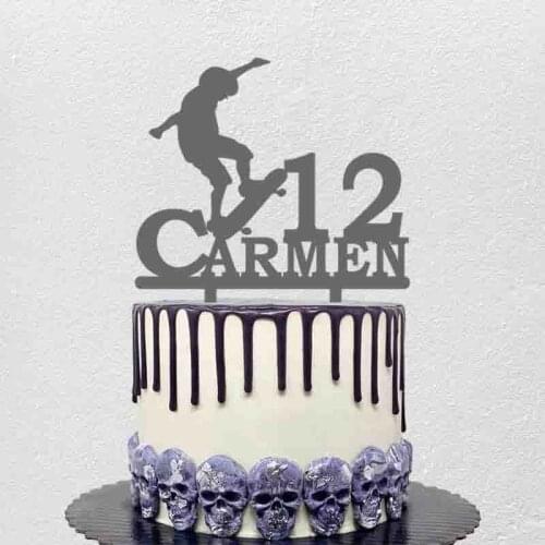 Personalized Sport Cake Topper Custom Name Age Boy Playing Skateboard Silhouettes For Birthday Party Cake Decoration Topper