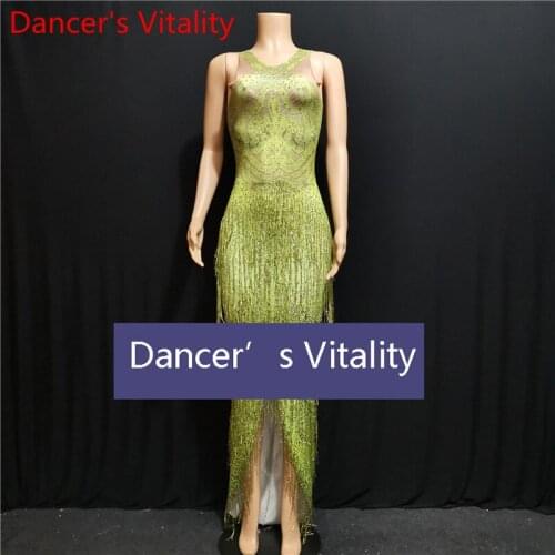 Singer Host Model DJ Stretch Green Tassel Adult Evening Dress Women Pole Jazz DS Dance Competition Performance Costume Outfits