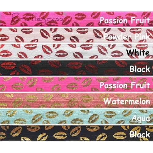 BRISTLEGRASS Combo 8 Yard 5/8" 15mm Red Lip Gold Foil Print FOE Foldover Elastic Spandex Band Hair Tie Headband Dress DIY Sewing