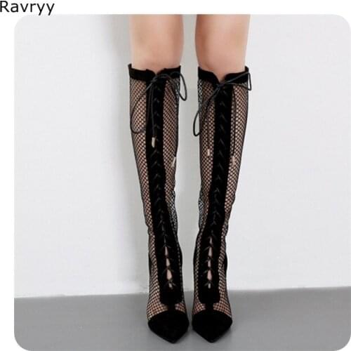 Sexy Black mesh lace Long Boots summer cut outs Woman sandal Boots Thin Heel pointed toe design 2018 Hot Fashion Female Shoes