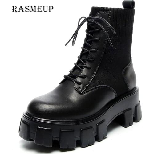 RASMEUP Genuine Leather Womens Platform Boots Luxury Designer Women Chunky Style Boots Fashion Ladies Shoes Lace Up Footwear
