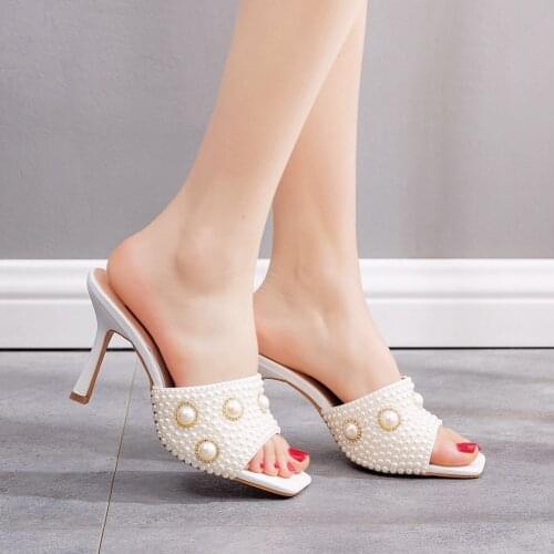 Summer Ladies Wedding Shoes Woman Slippers High Heels Slides Beige Pearl Sandals