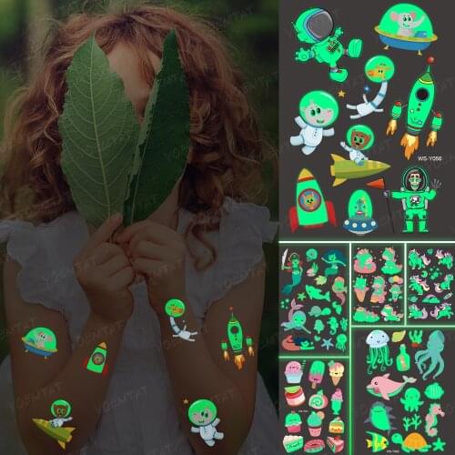 Luminous Glitter Tattoo Stickers Animal Astronaut Children Temporary Waterproof Space Tatto Body Art Cute Kid Cartoon Fake Tatoo