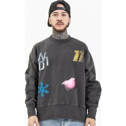 High quality mens casual printed loose fit long sleeve Fleece sweatshirt acid washed vintage crew neck hoodie