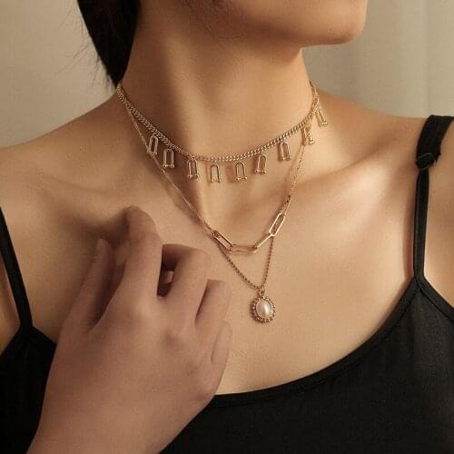 Minar Trendy U Shape Chains Necklaces for Women Multi Layers Simulated Pearl Hollow Linked Chain Chokers Necklace Accessories