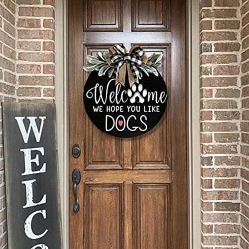 Welcome Sign Front Door Hanger Wreath with Bow Welcome We Hope You Like Dogs Farmhouse Round Hanging Flower Bow Decor