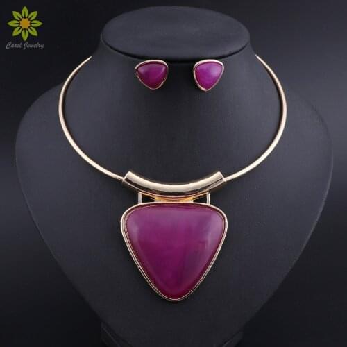 Vintage Necklace Sets Fashion Women Gold Color Purple Resin Triangle Pendant Necklaces & Earrings Jewelry Set