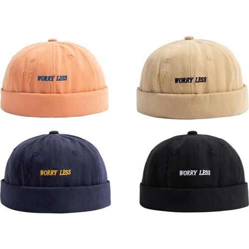 Japanese Men Women Skullcap Sailor Cap Embroidery Warm Rolled Cuff Bucket Cap Brimless Hat Solid Color Cotton Hole Hats