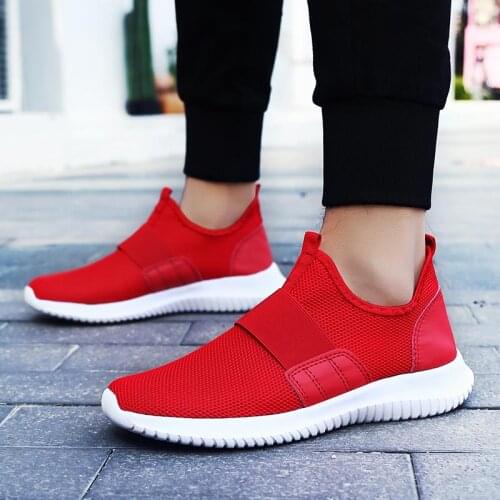 Plus Size Breathable Adult Mens Sneakers for Running Summer Man Sport Shoes Mesh Sports Shoe Lightweight Male Slip on Red C-289